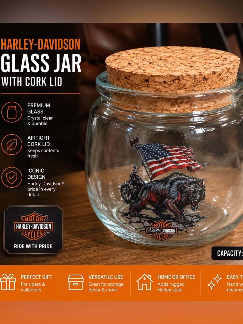 Harley-Davidson Clear Glass Jar with Cork Lid and American Flag Wolf Decal